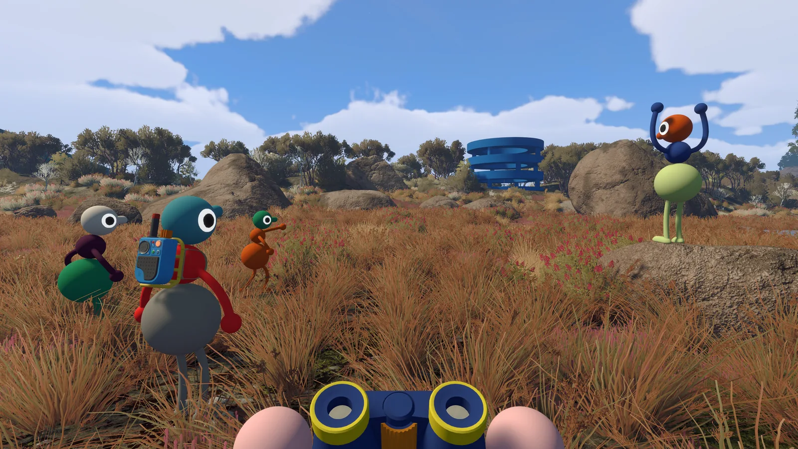 Four Big Walk players exploring a grassy open landscape with binoculars