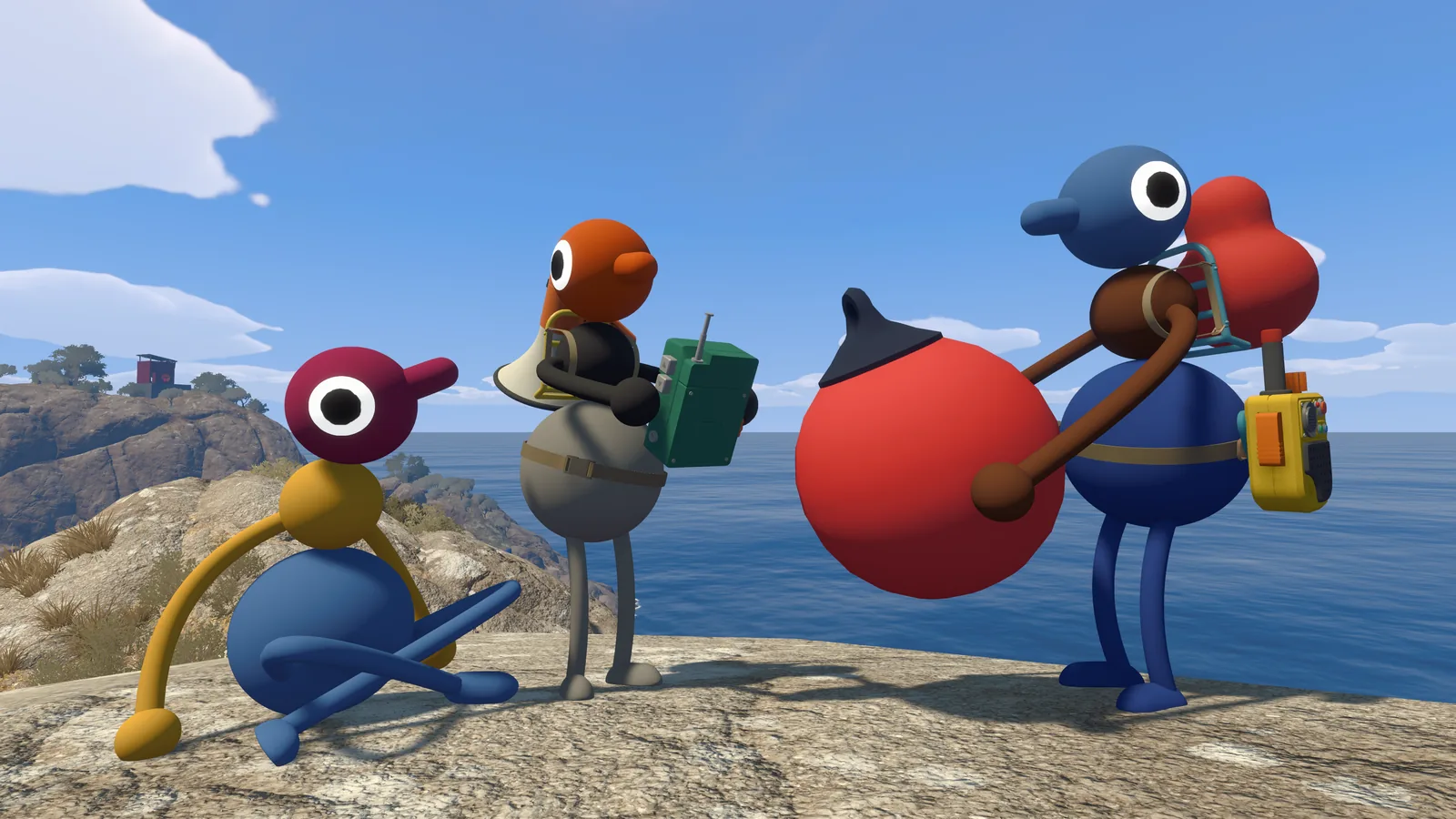 Three Big Walk players carrying colorful communication tools and walkie-talkies