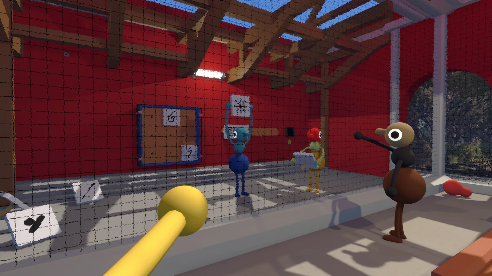 Big Walk players communicating through glass during an indoor cooperative puzzle