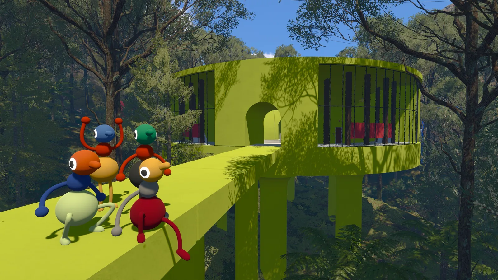 Big Walk players approaching a bright green puzzle structure in the forest