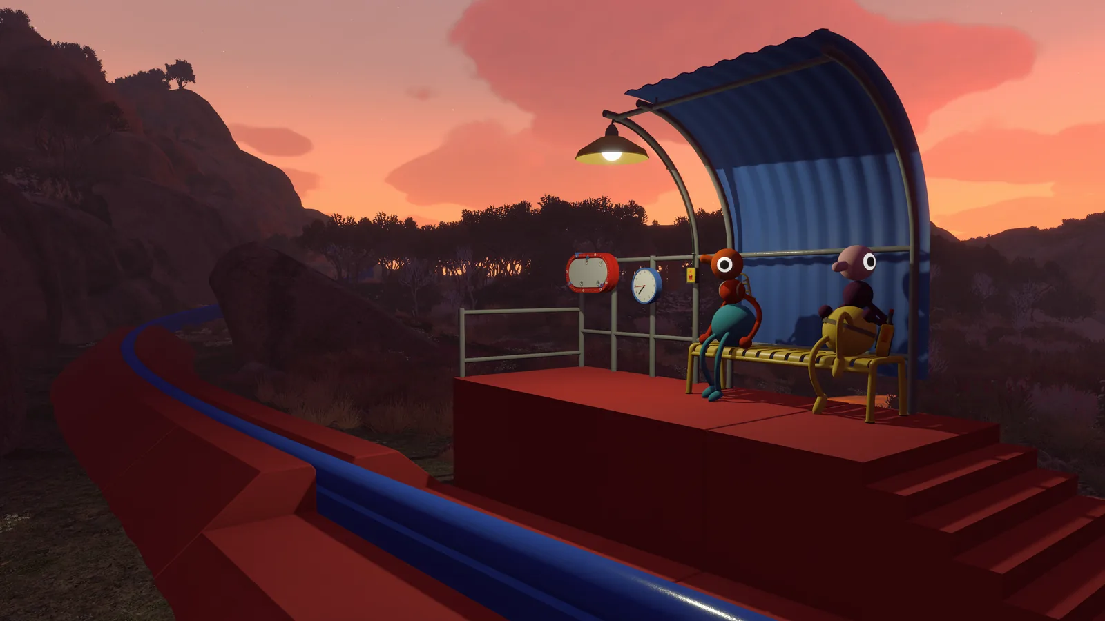 Big Walk players waiting at a red station beside a rail line at sunset